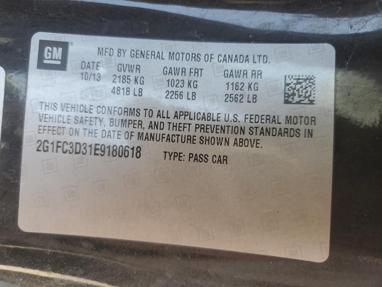 2014 Chevrolet Camaro Lt VIN: 2G1FC3D31E9180618 Lot: 64799955