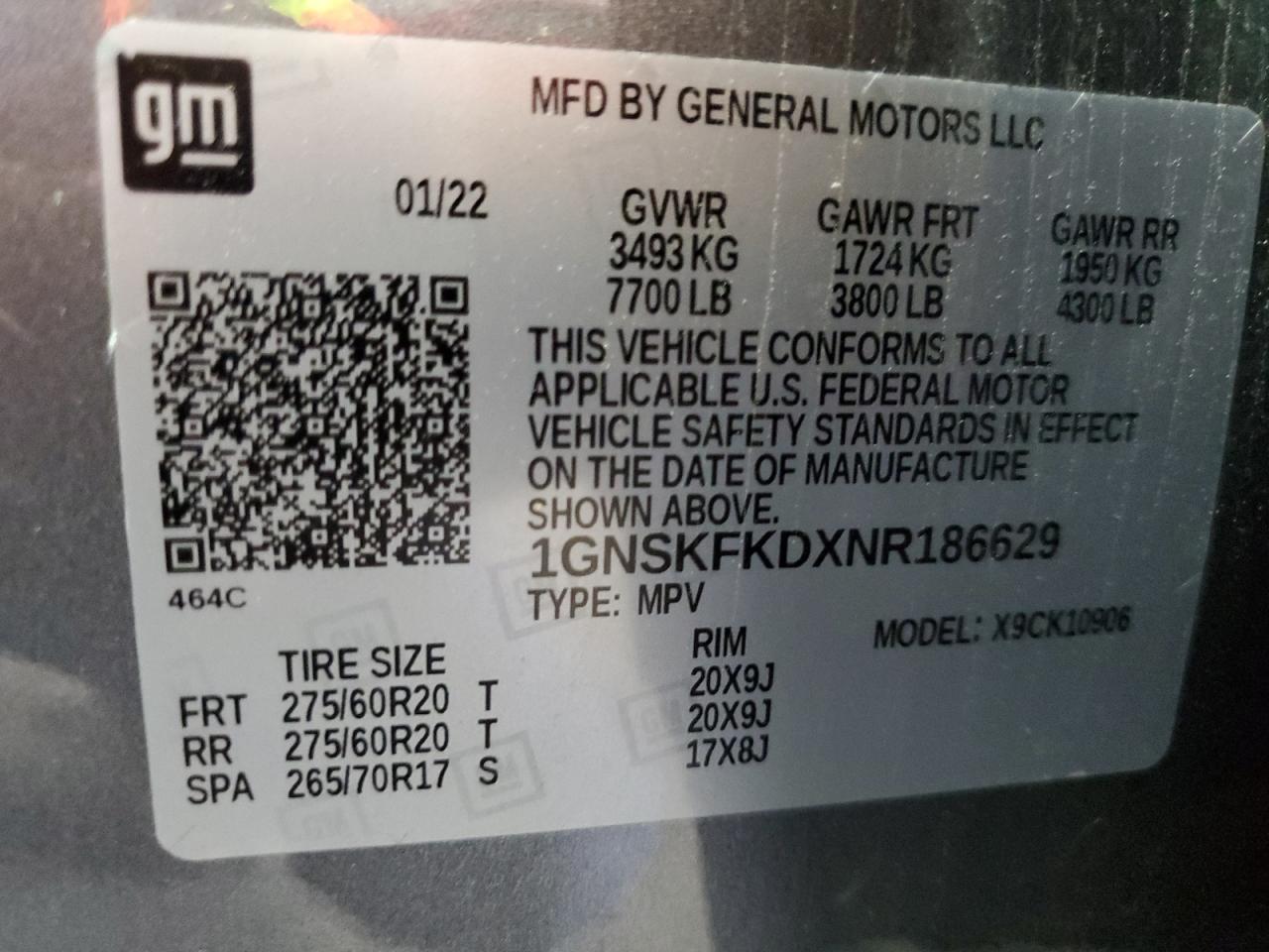 2022 Chevrolet Suburban K1500 Premier VIN: 1GNSKFKDXNR186629 Lot: 63422845