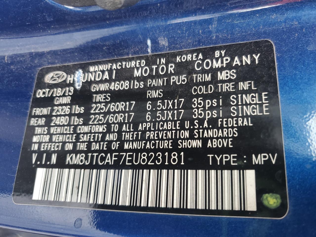 2014 Hyundai Tucson Gls VIN: KM8JTCAF7EU823181 Lot: 65771135