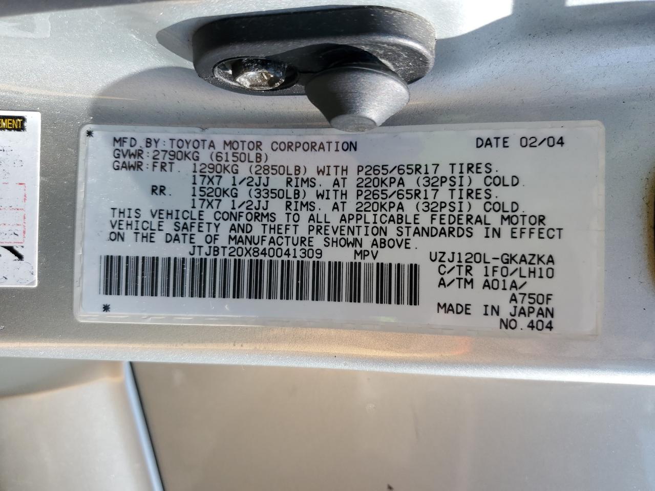 2004 Lexus Gx 470 VIN: JTJBT20X840041309 Lot: 64624065