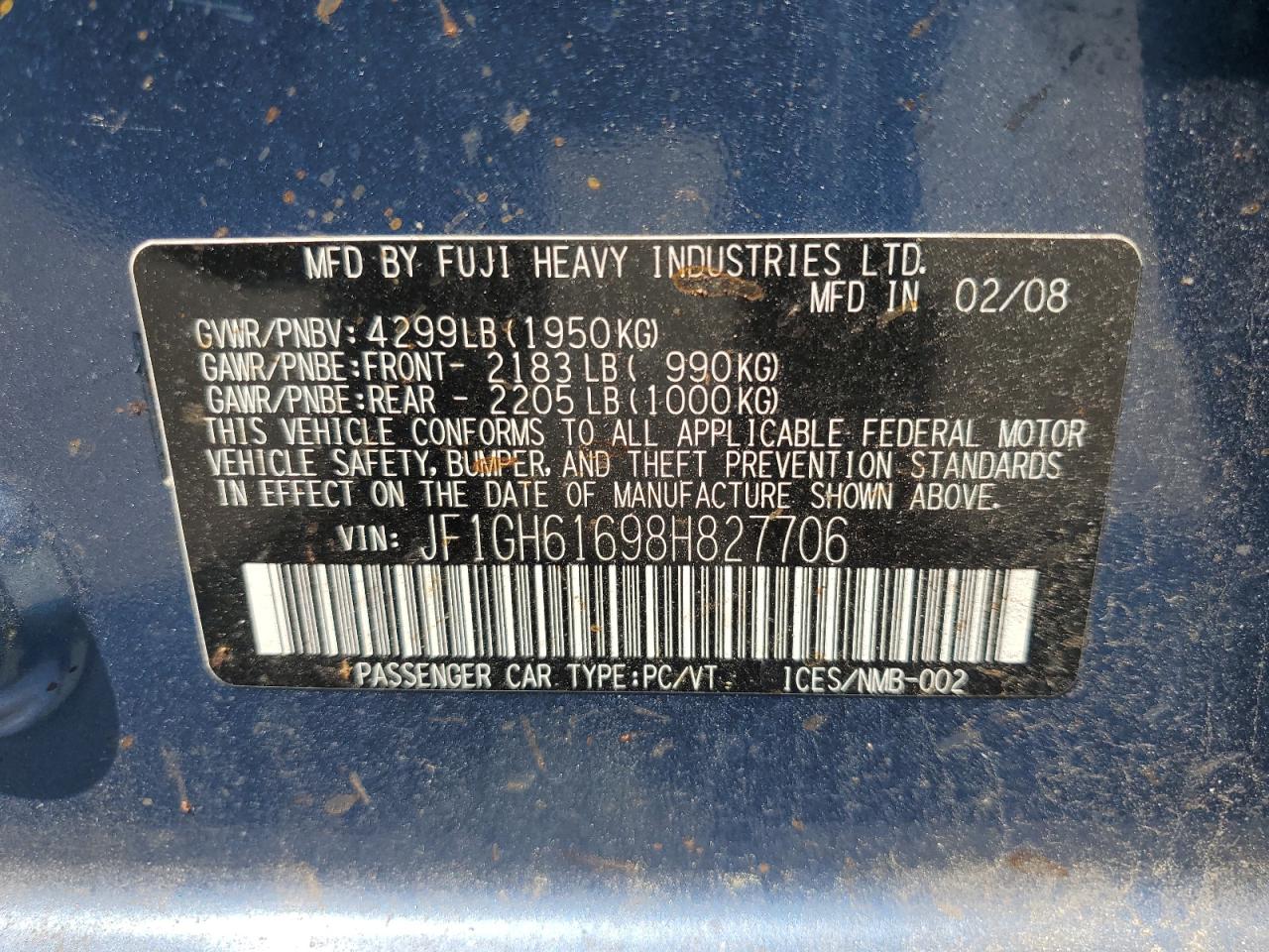 2008 Subaru Impreza 2.5I VIN: JF1GH61698H827706 Lot: 63844275