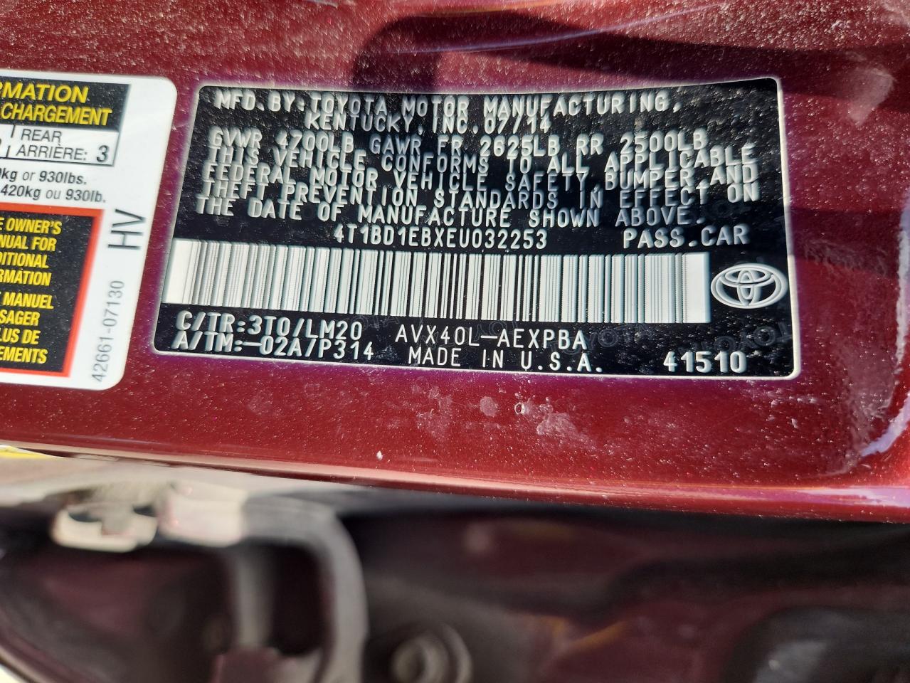 2014 Toyota Avalon Hybrid VIN: 4T1BD1EBXEU032253 Lot: 63435325