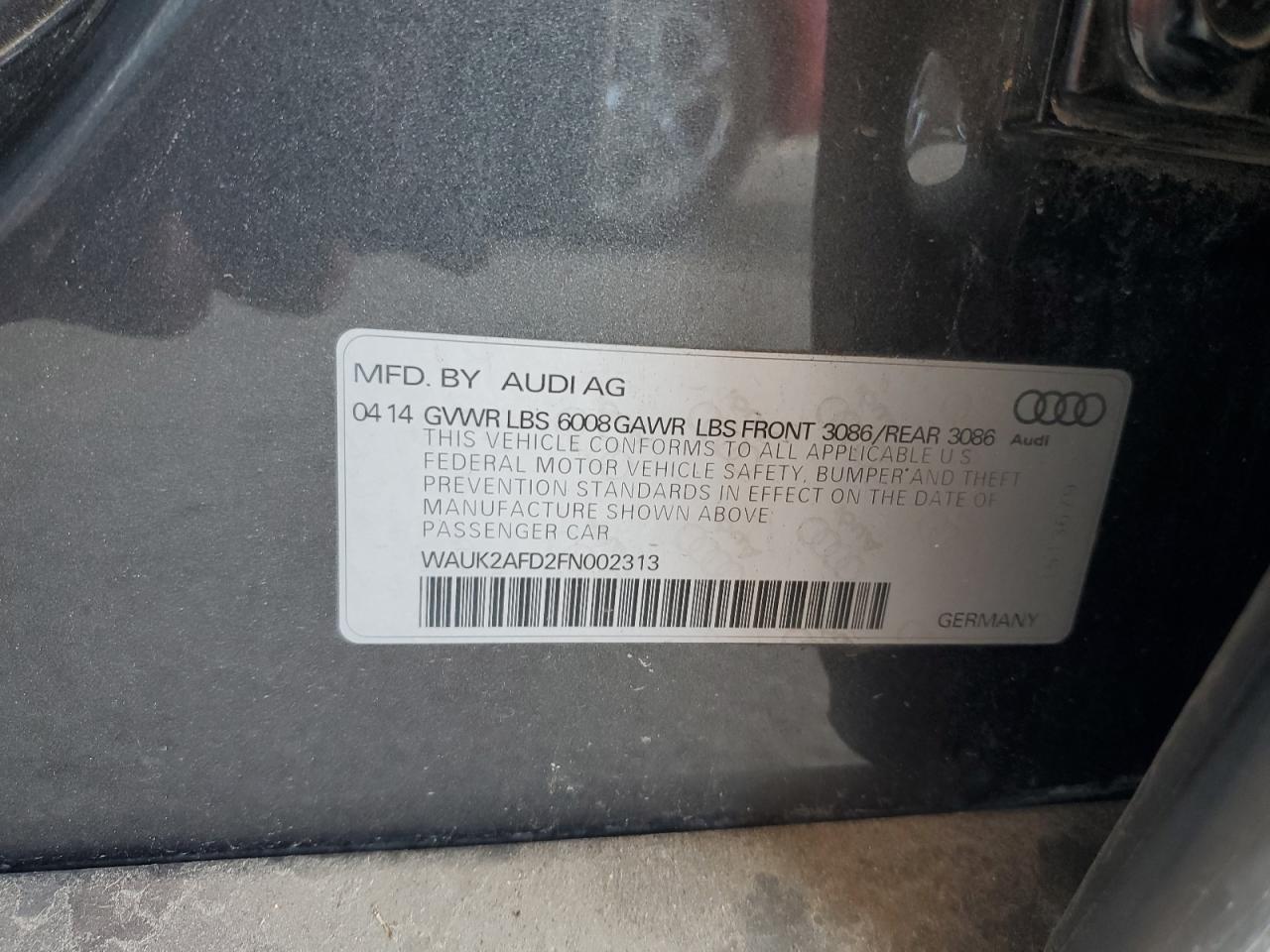 wauk2afd2fn002313 WAUK2AFD2FN002313 2015 Audi S8 Quattro