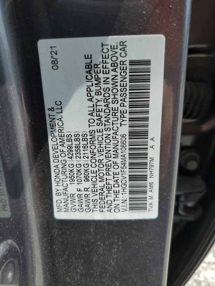 2021 Honda Accord Exl VIN: 1HGCV1F54MA106606 Lot: 63784445