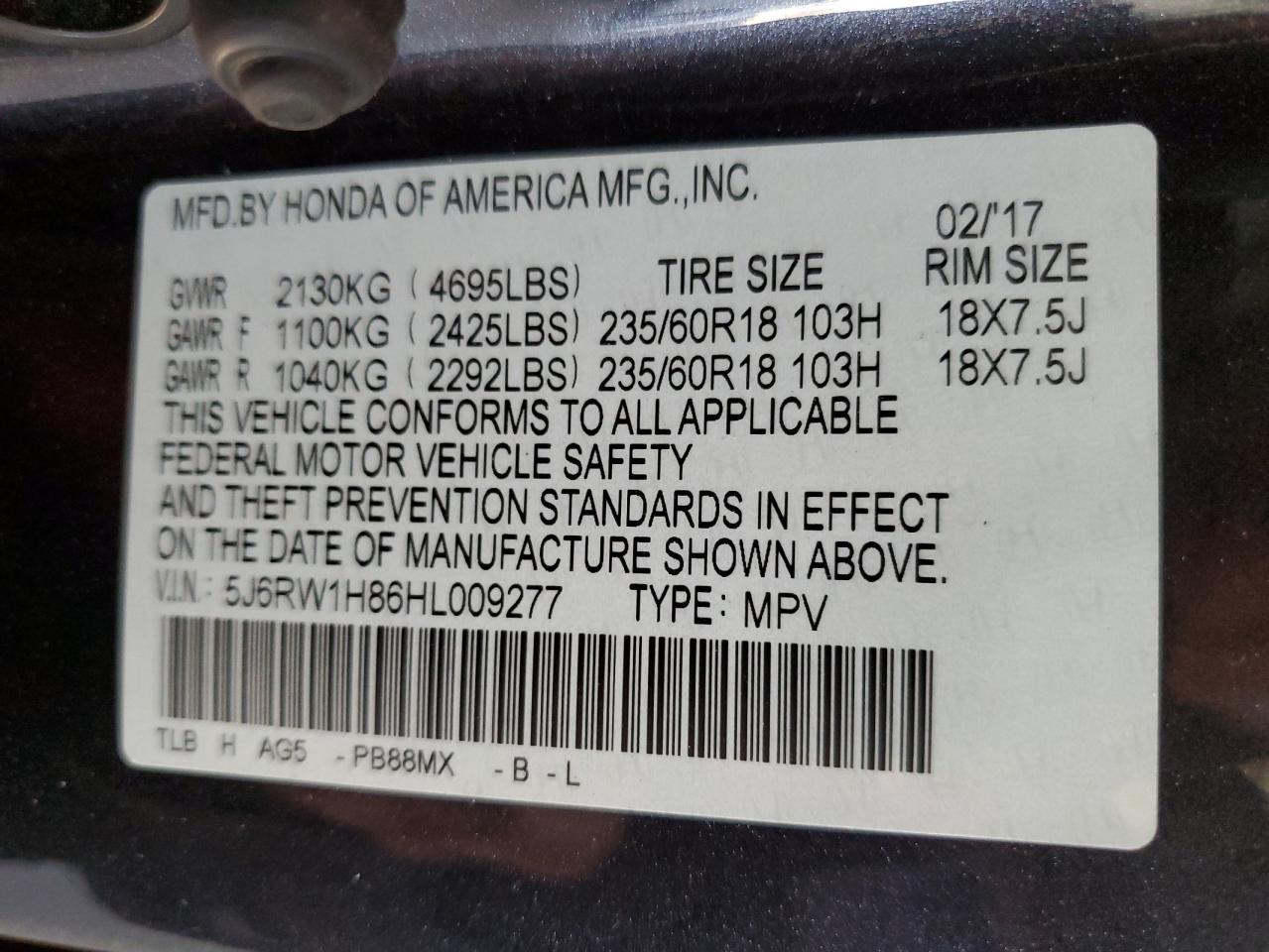 2017 Honda Cr-V Exl VIN: 5J6RW1H86HL009277 Lot: 66390865