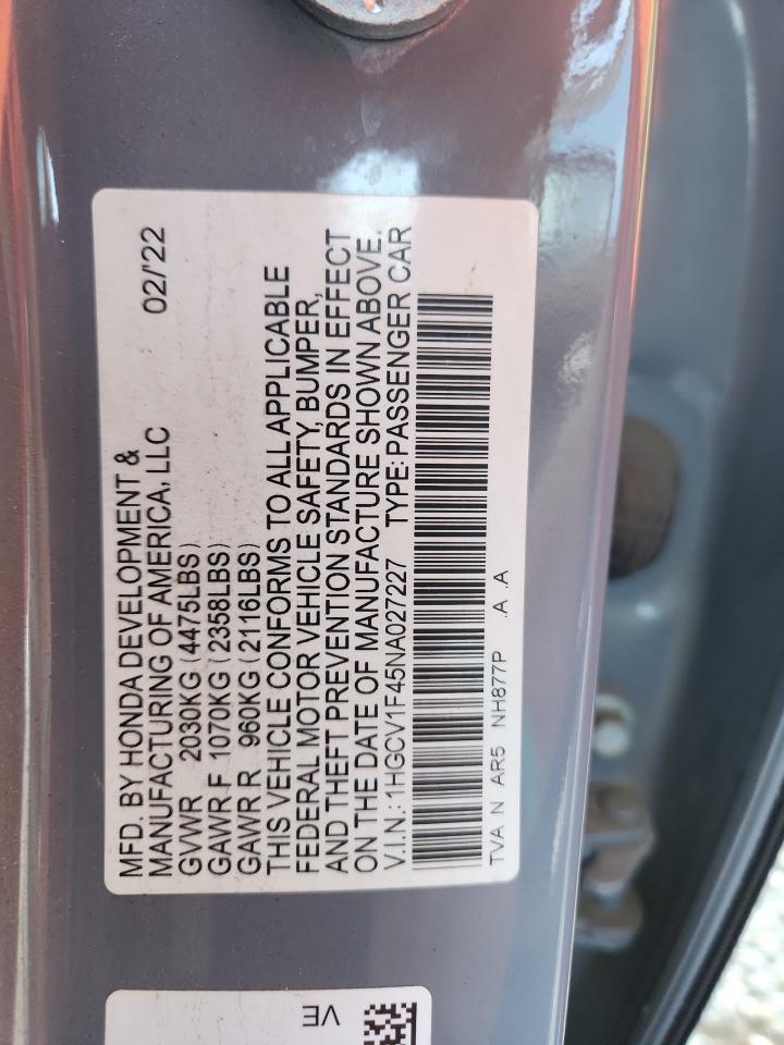 2022 Honda Accord Sport Se VIN: 1HGCV1F45NA027227 Lot: 63788215