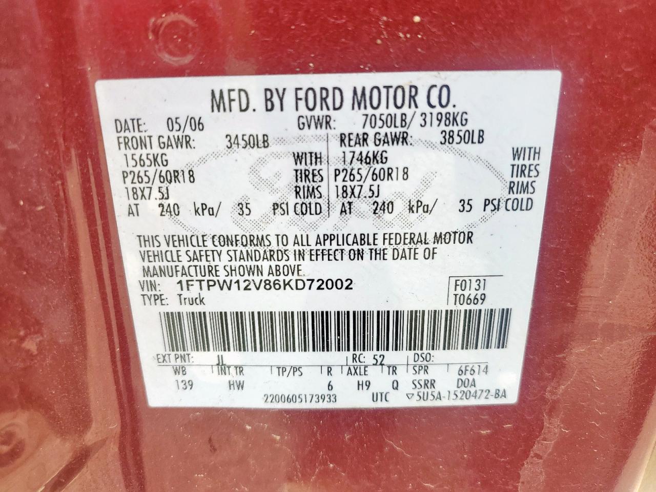 2006 Ford F150 Supercrew VIN: 1FTPW12V86KD72002 Lot: 64701825