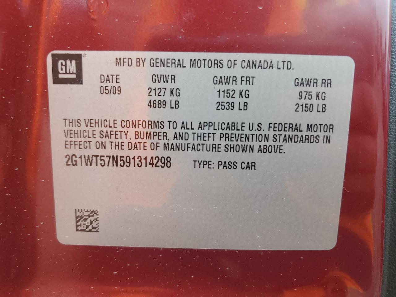 2009 Chevrolet Impala 1Lt VIN: 2G1WT57N591314298 Lot: 65352035