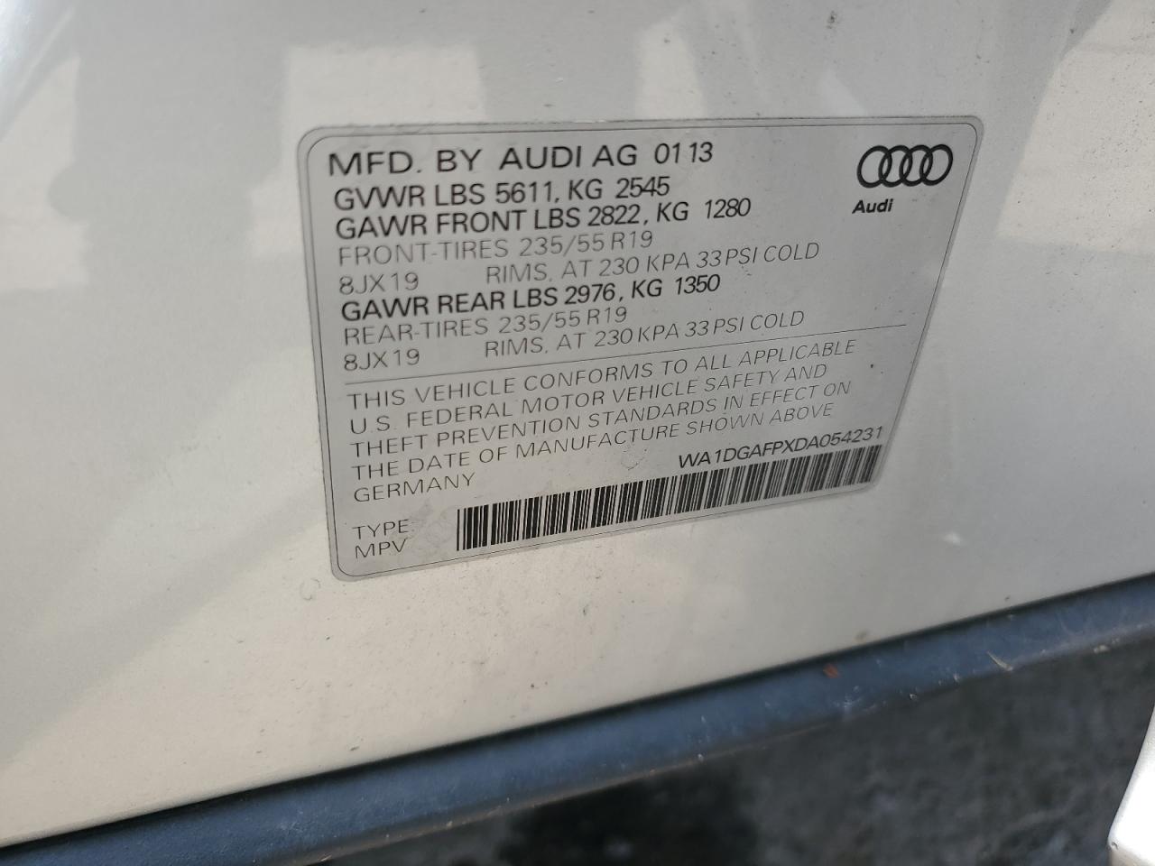 2013 Audi Q5 Premium Plus VIN: WA1DGAFPXDA054231 Lot: 64730575