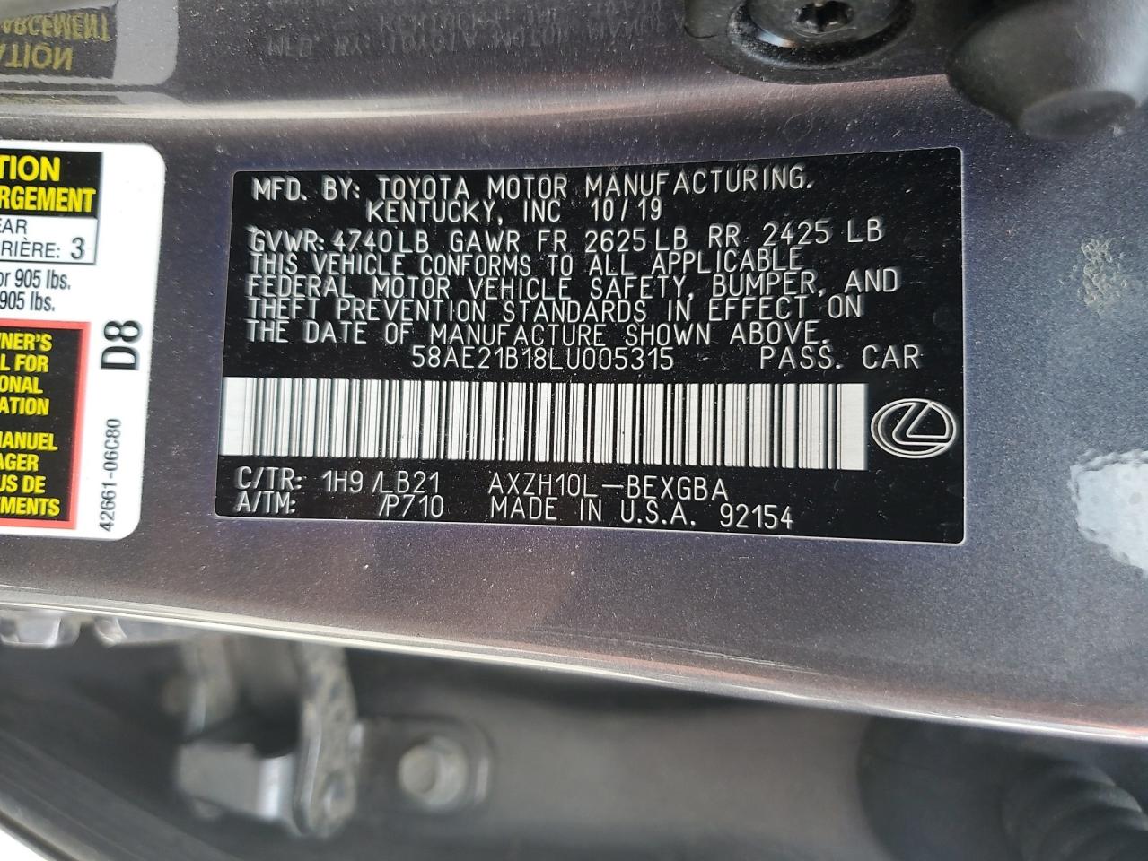 2020 Lexus Es 300H Luxury VIN: 58AE21B18LU005315 Lot: 66000895