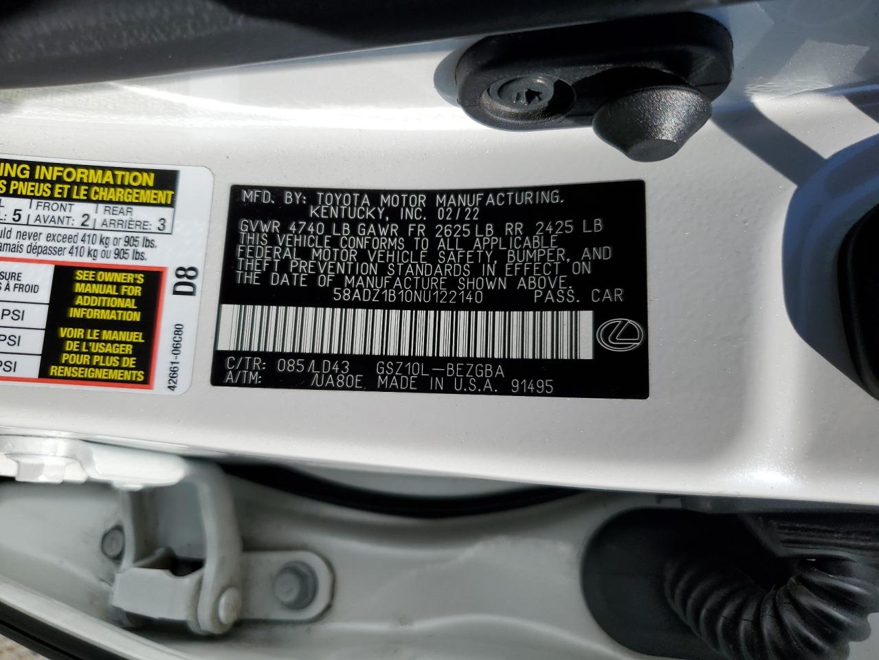 2022 Lexus Es 350 Base VIN: 58ADZ1B10NU122140 Lot: 65446755