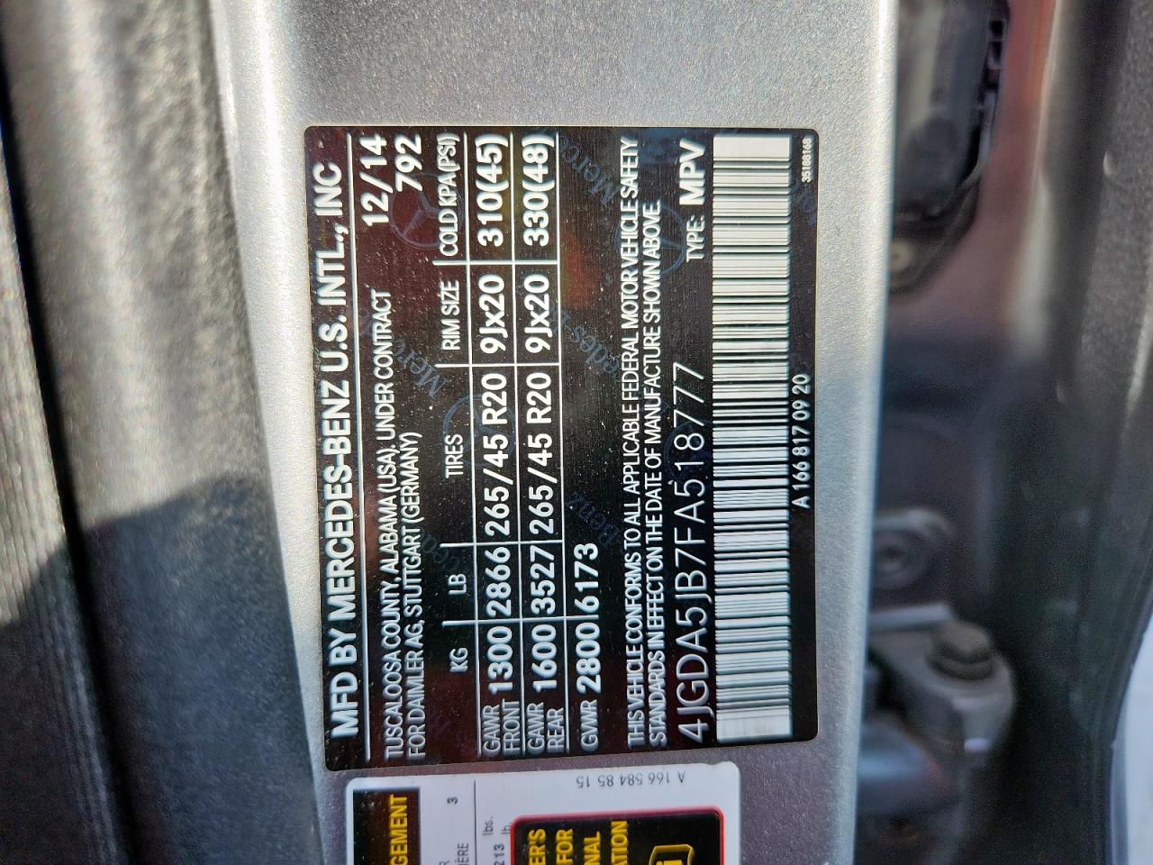 2015 Mercedes-Benz Ml 350 VIN: 4JGDA5JB7FA518777 Lot: 64740255