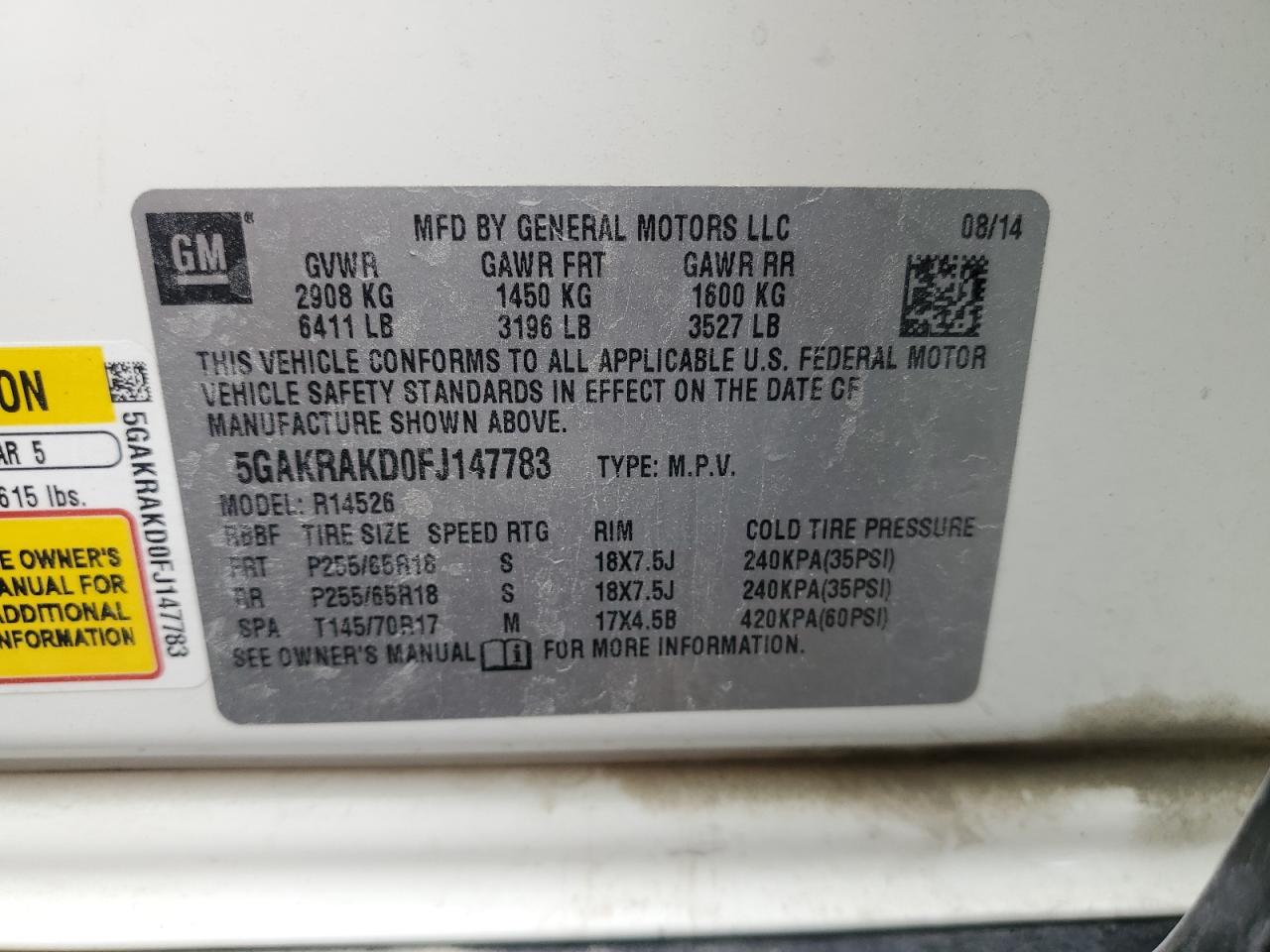 2015 Buick Enclave VIN: 5GAKRAKD0FJ147783 Lot: 66684565