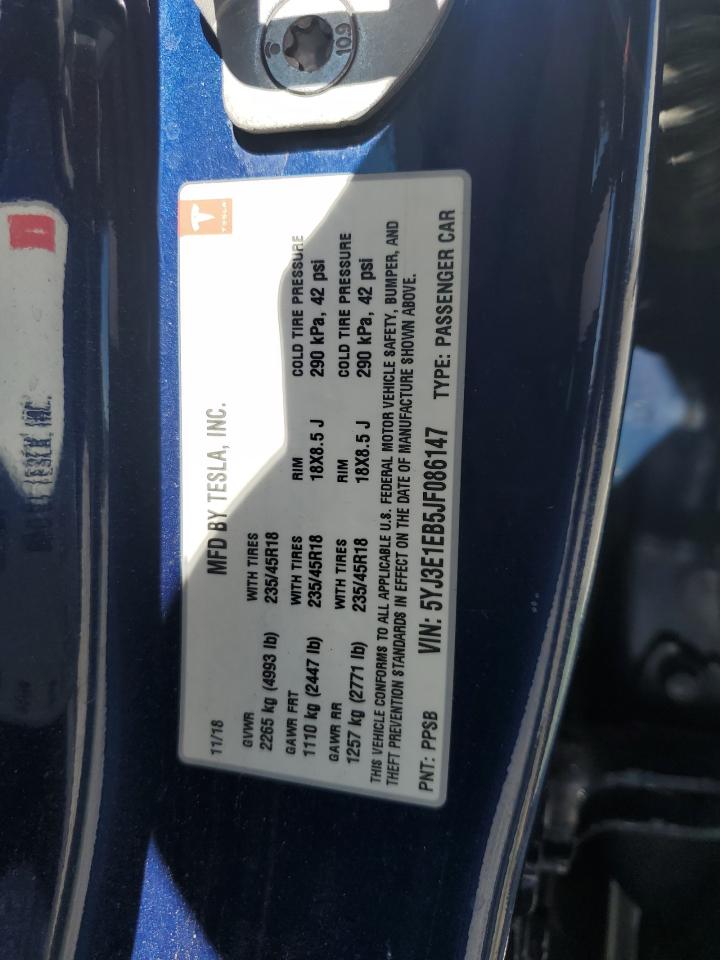 2018 Tesla Model 3 VIN: 5YJ3E1EB5JF086147 Lot: 66158235