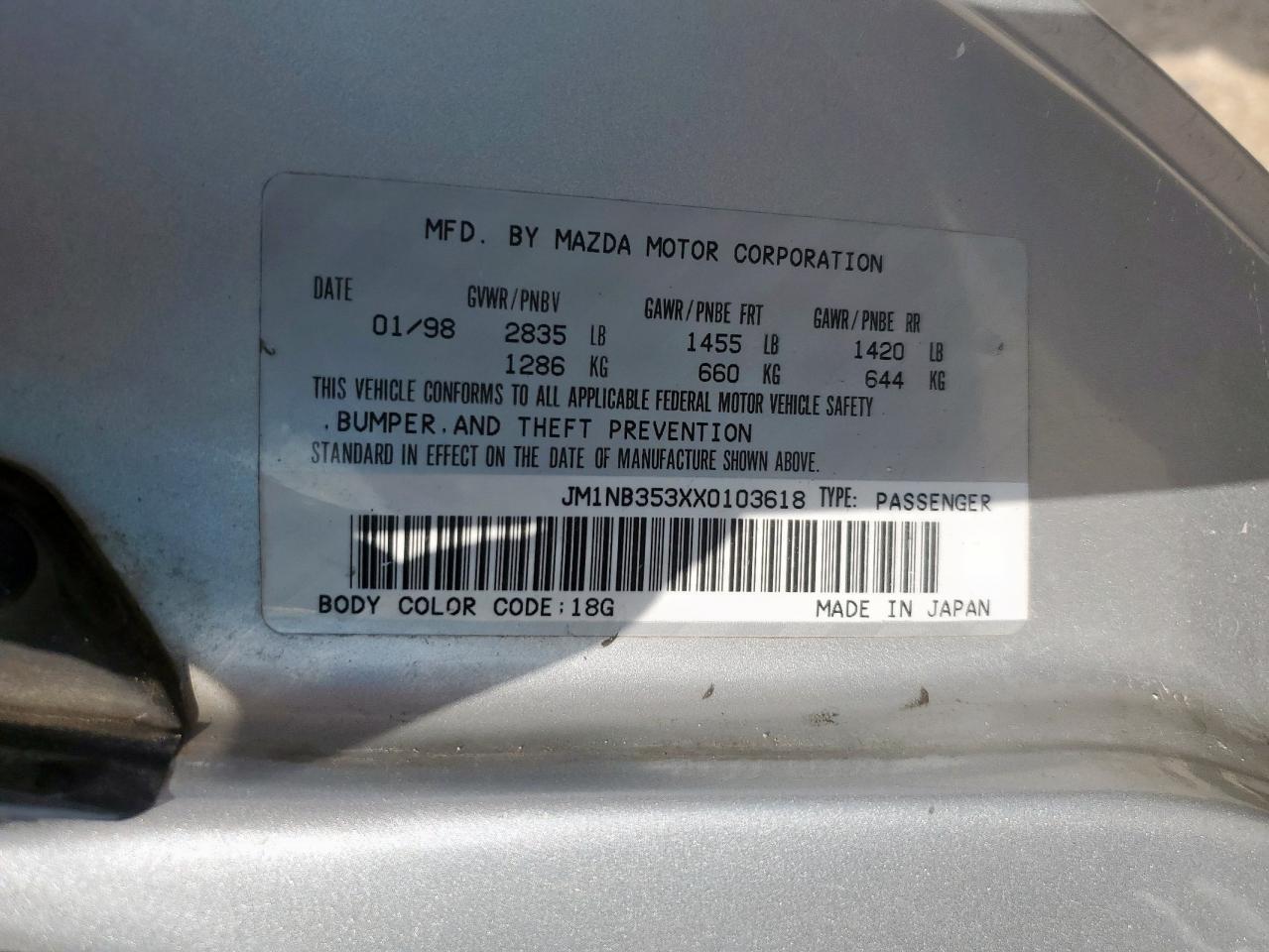 1999 Mazda Mx-5 Miata VIN: JM1NB353XX0103618 Lot: 64654945