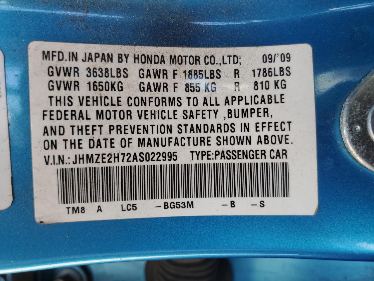 2010 Honda Insight Ex VIN: JHMZE2H72AS022995 Lot: 63808795