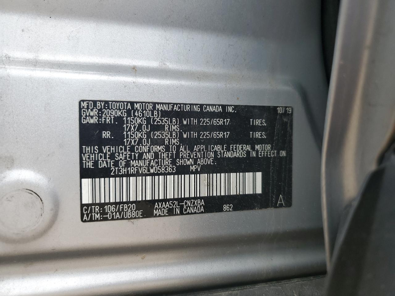 2020 Toyota Rav4 Le VIN: 2T3H1RFV6LW058363 Lot: 64032575
