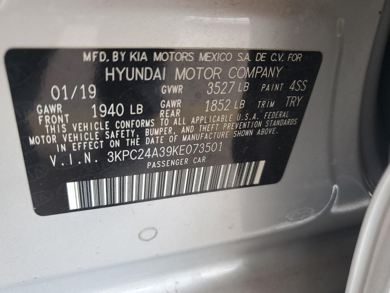 2019 Hyundai Accent Se VIN: 3KPC24A39KE073501 Lot: 63258985