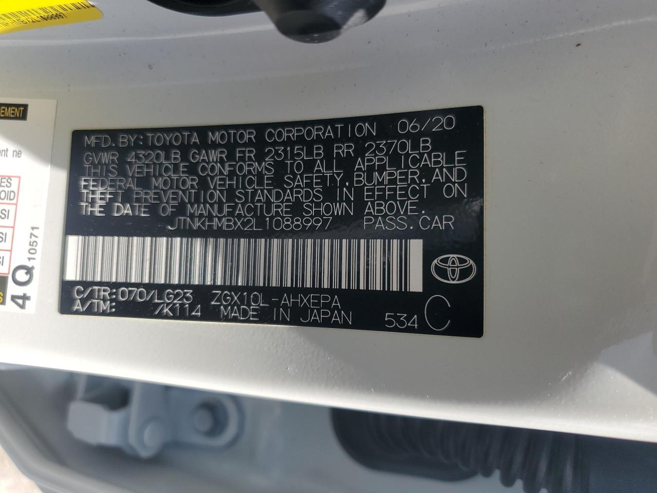 2020 Toyota C-Hr Xle VIN: JTNKHMBX2L1088997 Lot: 64431185