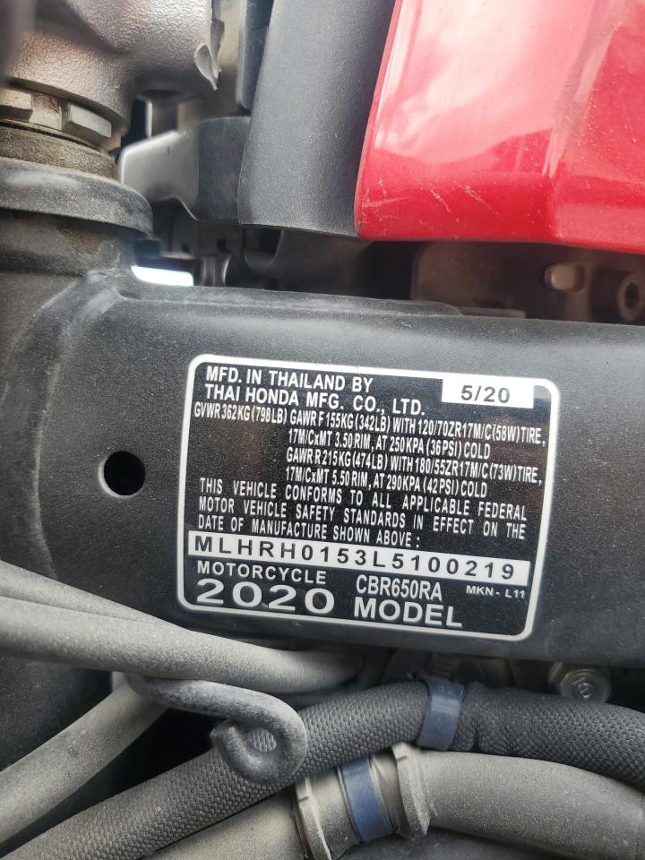 2020 Honda Cbr650 Ra VIN: MLHRH0153L5100219 Lot: 62946965