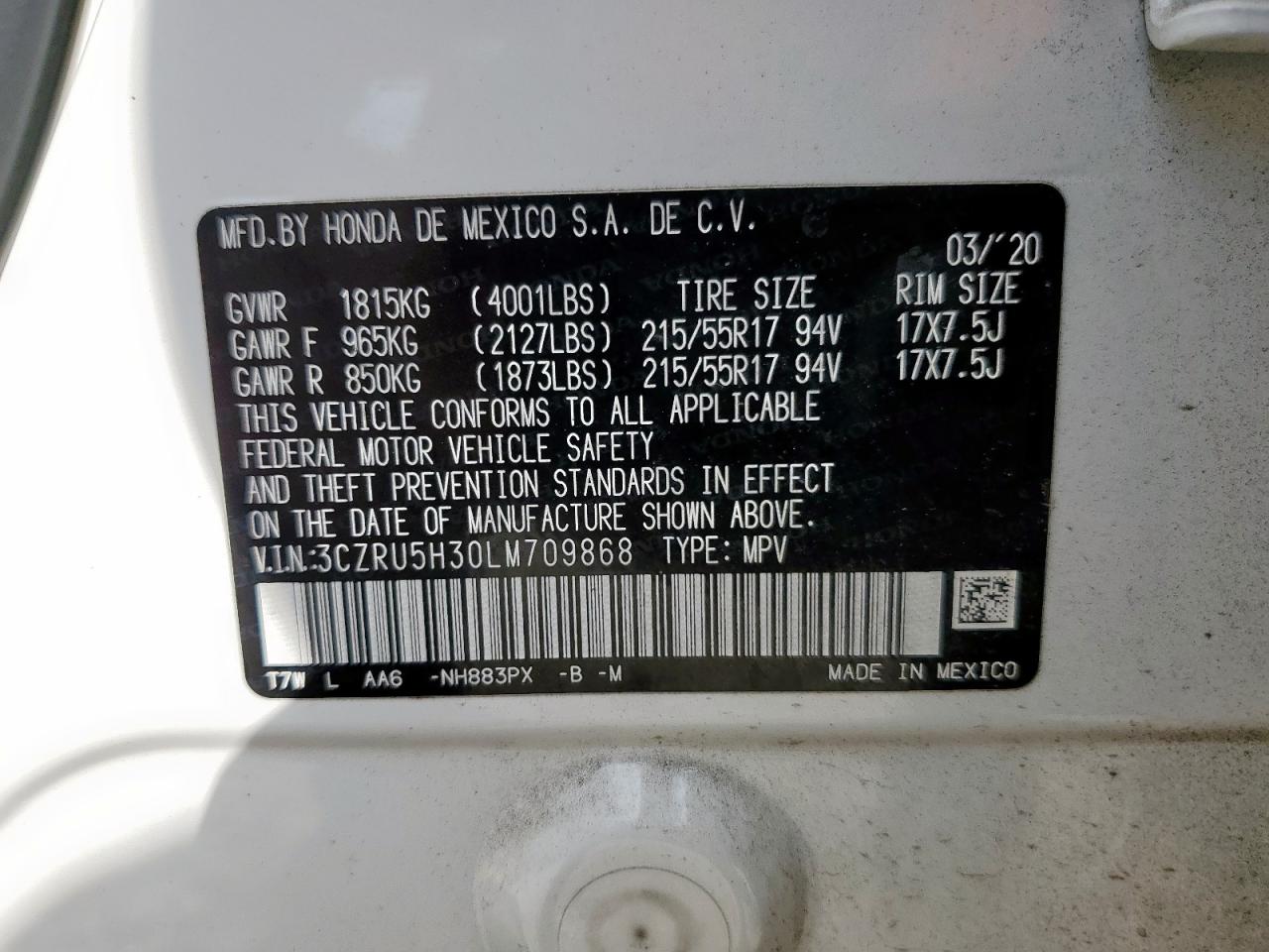 2020 Honda Hr-V Lx VIN: 3CZRU5H30LM709868 Lot: 64611095