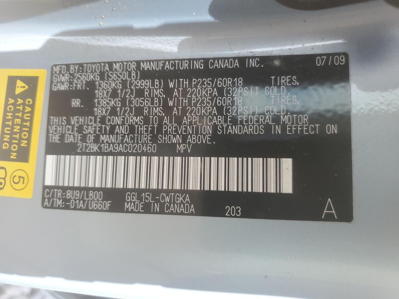 2010 Lexus Rx 350 VIN: 2T2BK1BA9AC020460 Lot: 63702585