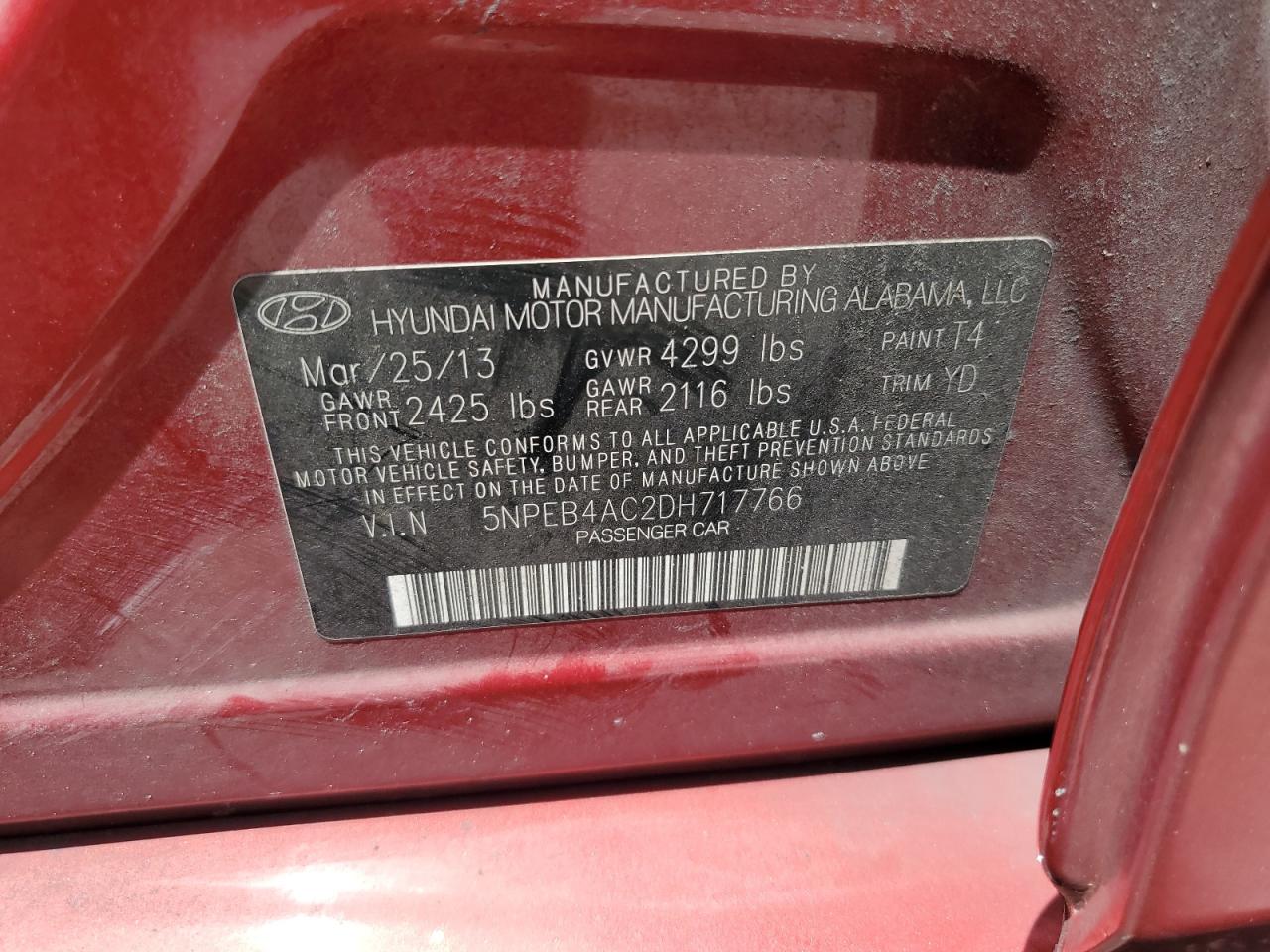 2013 Hyundai Sonata Gls VIN: 5NPEB4AC2DH717766 Lot: 64768995