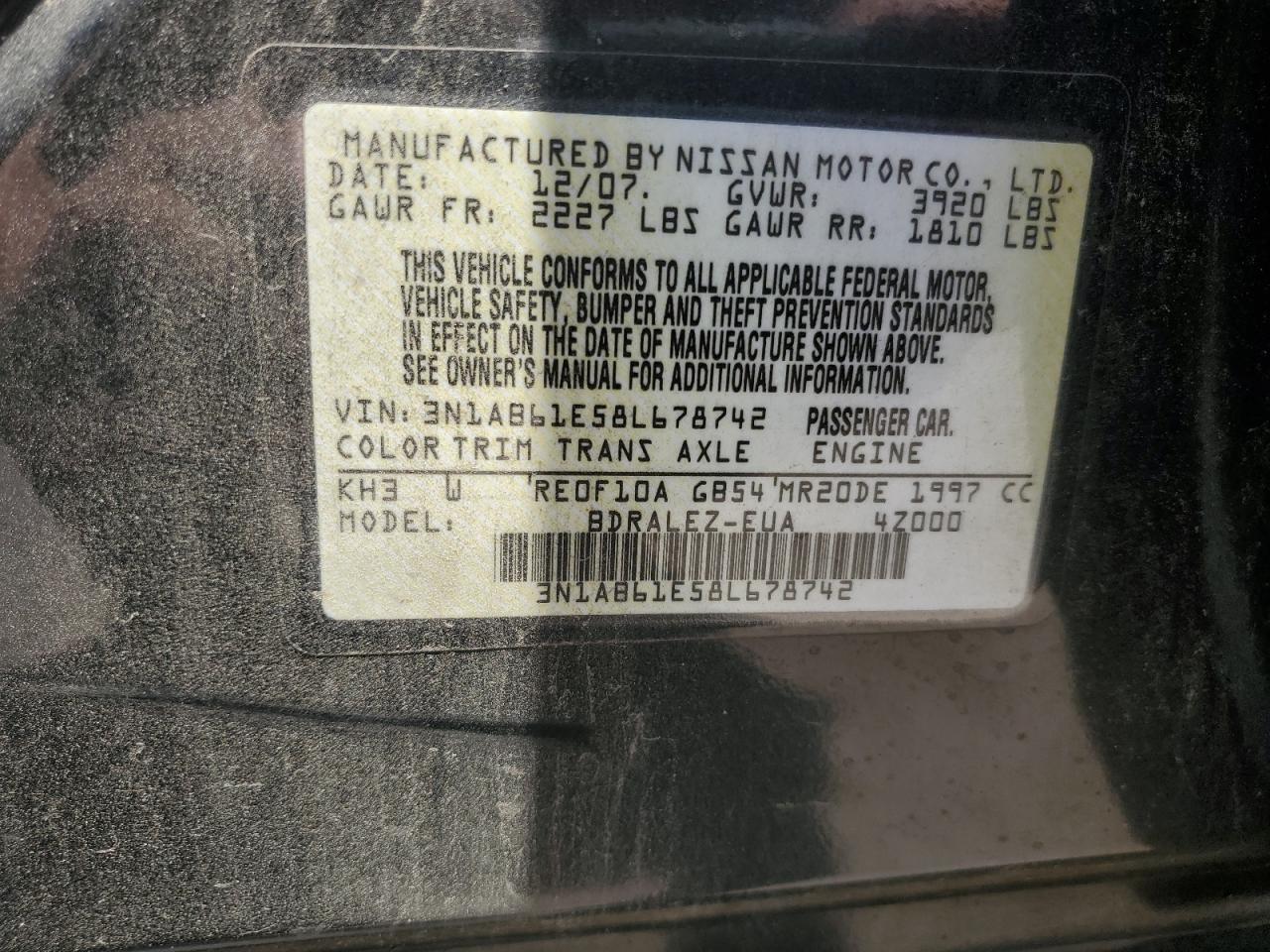 2008 Nissan Sentra 2.0 VIN: 3N1AB61E58L678742 Lot: 64410255