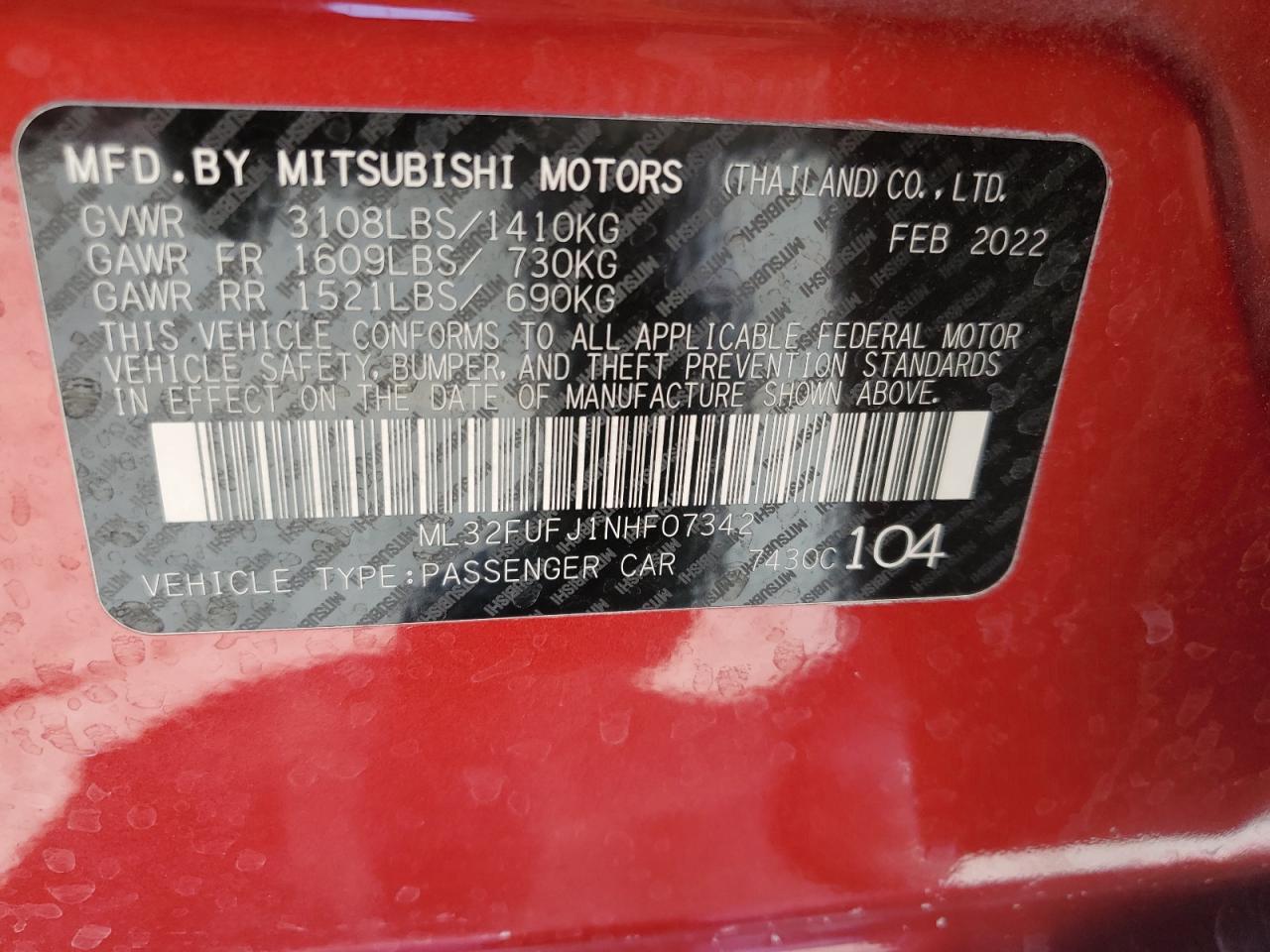ml32fufj1nhf07342 ML32FUFJ1NHF07342 2022 Mitsubishi Mirage G4 Es
