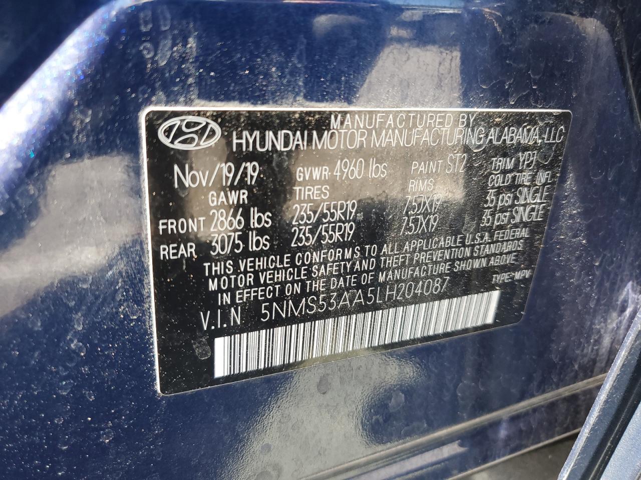 2020 Hyundai Santa Fe Limited VIN: 5NMS53AA5LH204087 Lot: 64142445