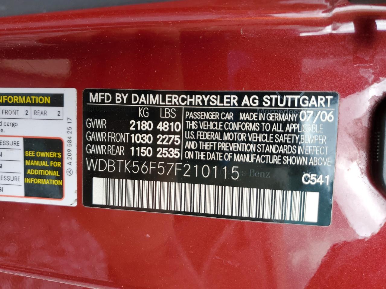 2007 Mercedes-Benz Clk 350 VIN: WDBTK56F57F210115 Lot: 64878975