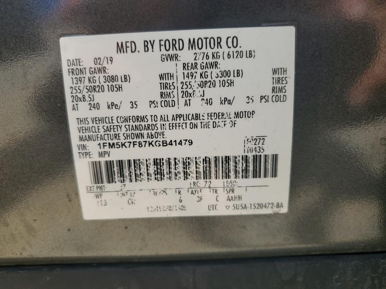 2019 Ford Explorer Limited VIN: 1FM5K7F87KGB41479 Lot: 65030885