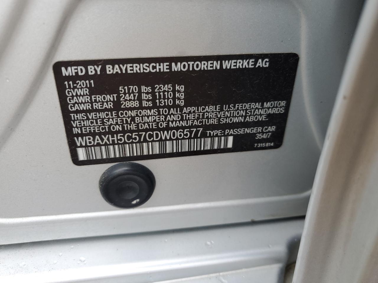 2012 BMW 528 Xi VIN: WBAXH5C57CDW06577 Lot: 63269615