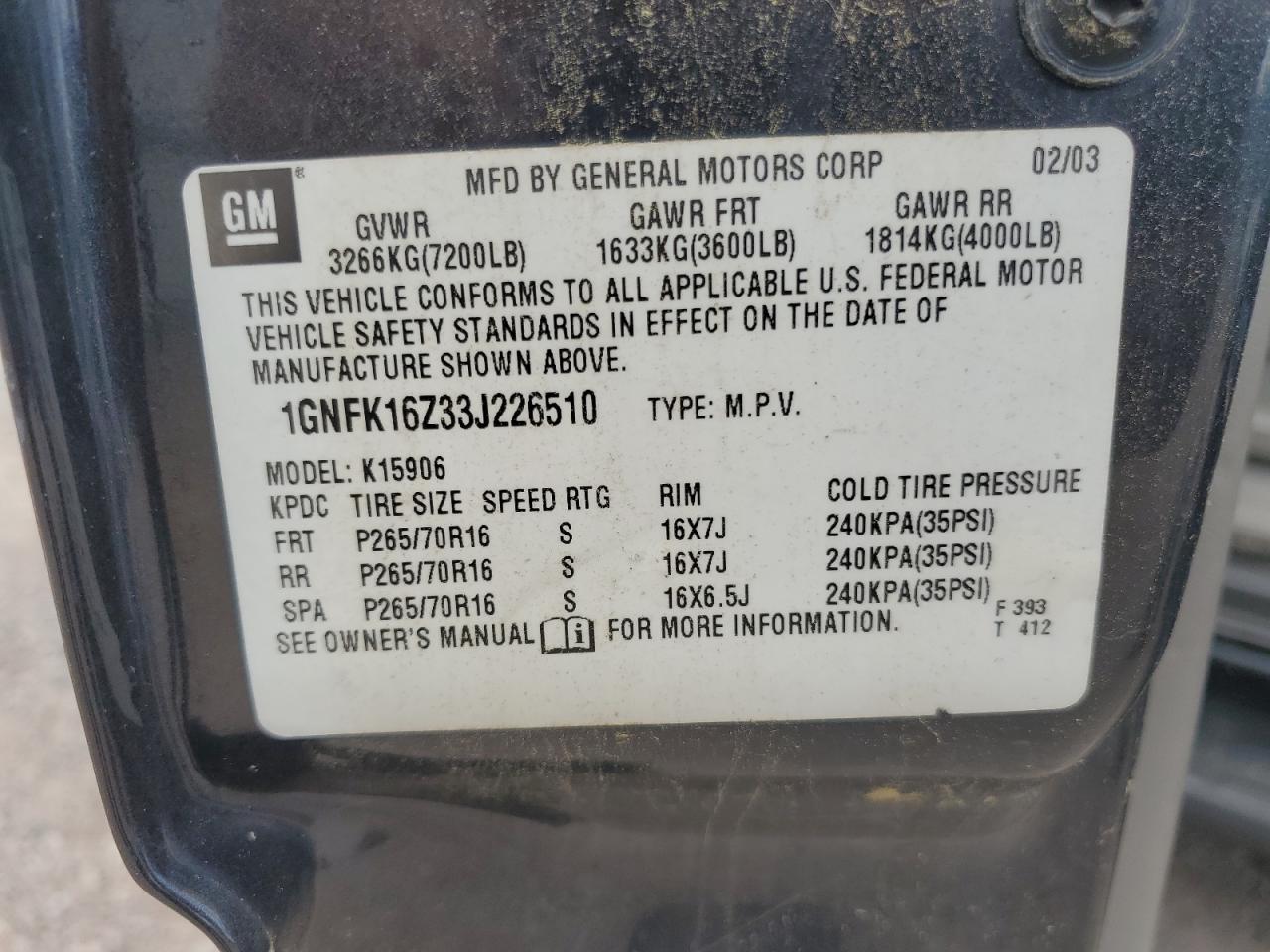 2003 Chevrolet Suburban K1500 VIN: 1GNFK16Z33J226510 Lot: 63097955