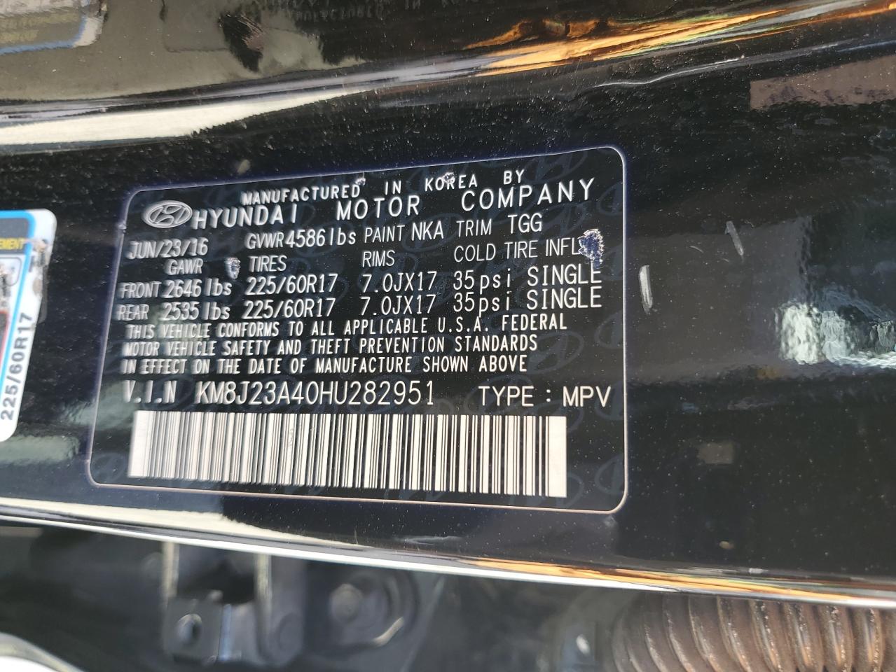 2017 Hyundai Tucson Se VIN: KM8J23A40HU282951 Lot: 66405415