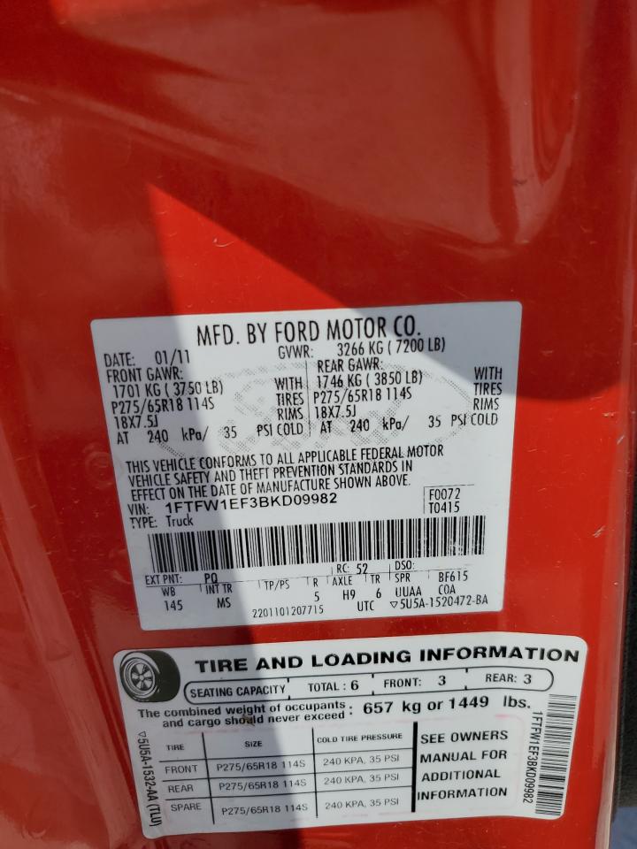 2011 Ford F150 Supercrew VIN: 1FTFW1EF3BKD09982 Lot: 64927545
