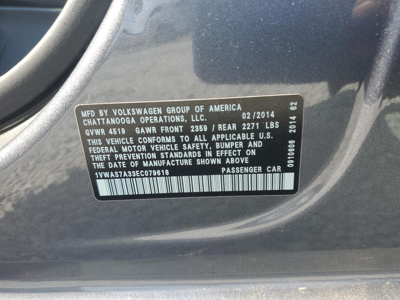 2014 Volkswagen Passat S VIN: 1VWAS7A33EC079618 Lot: 64448465