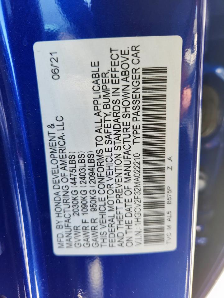 2021 Honda Accord Sport VIN: 1HGCV2F32MA022210 Lot: 63568305