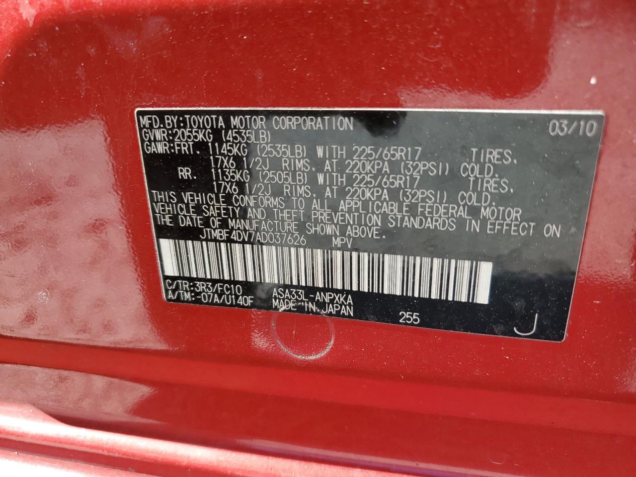 2010 Toyota Rav4 VIN: JTMBF4DV7AD037626 Lot: 62675605