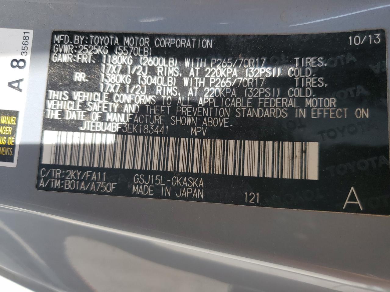 2014 Toyota Fj Cruiser VIN: JTEBU4BF3EK183441 Lot: 62989905