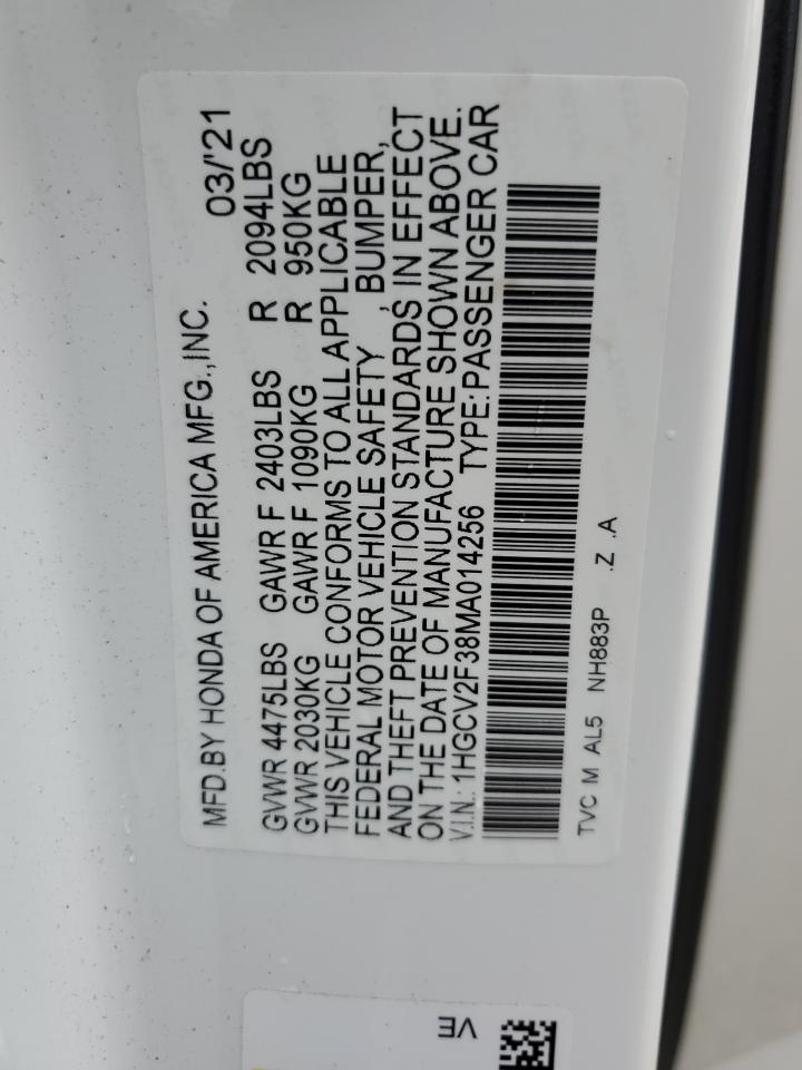 2021 Honda Accord Sport VIN: 1HGCV2F38MA014256 Lot: 63390075