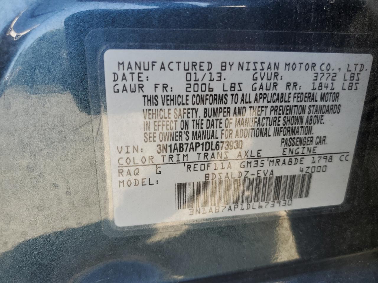 2013 Nissan Sentra S VIN: 3N1AB7AP1DL673930 Lot: 63319705