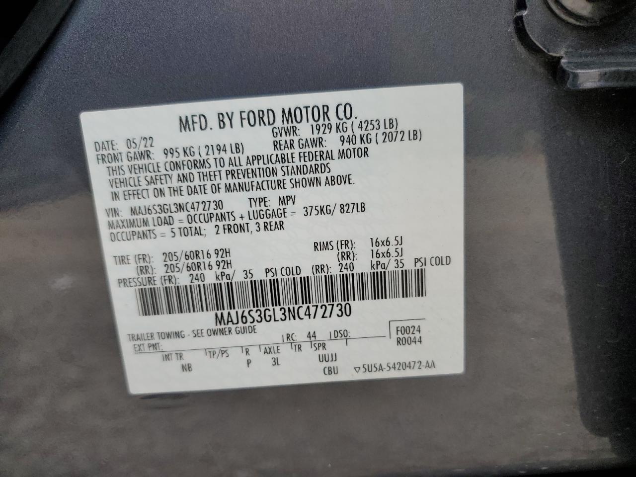 2022 Ford Ecosport Se VIN: MAJ6S3GL3NC472730 Lot: 66485865