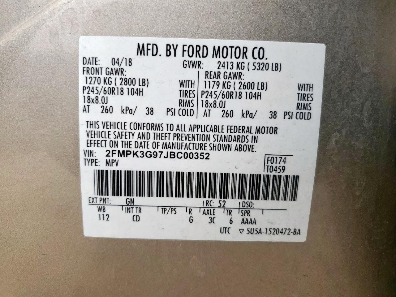 2018 Ford Edge Se VIN: 2FMPK3G97JBC00352 Lot: 65462045