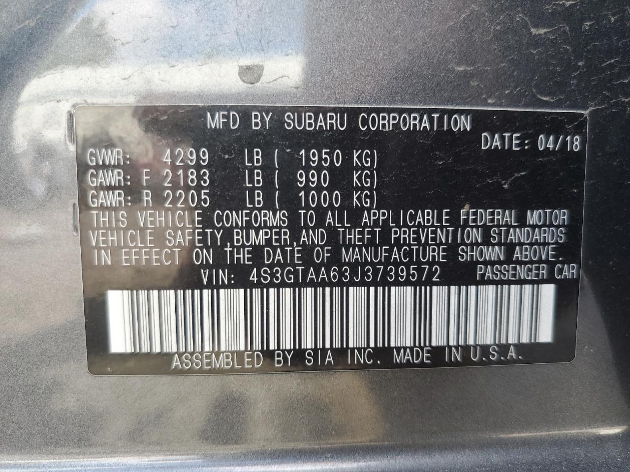2018 Subaru Impreza VIN: 4S3GTAA63J3739572 Lot: 63372565