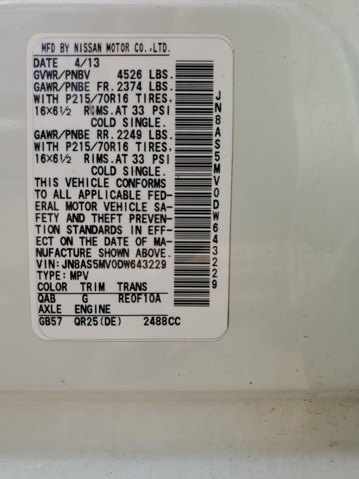 2013 Nissan Rogue S VIN: JN8AS5MV0DW643229 Lot: 65206375