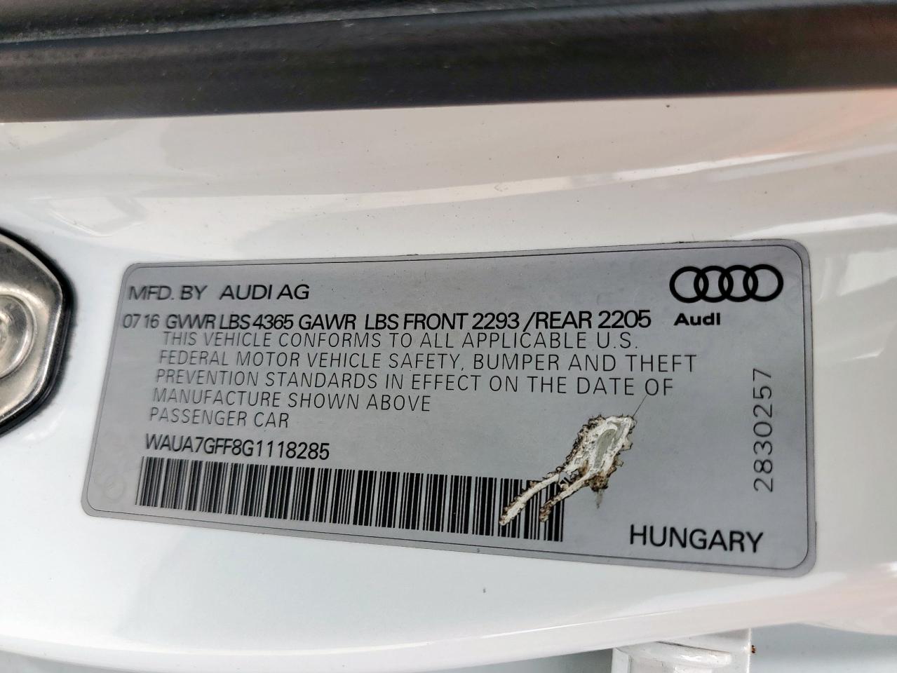 2016 Audi A3 Premium VIN: WAUA7GFF8G1118285 Lot: 65444805