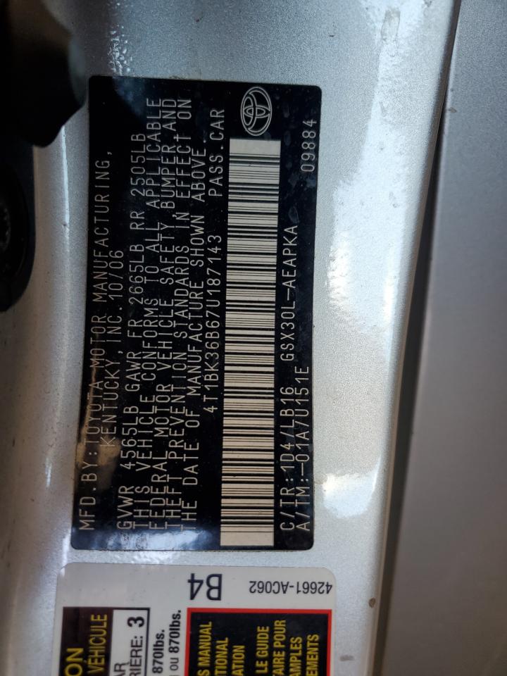 2007 Toyota Avalon Xl VIN: 4T1BK36B67U187143 Lot: 66327435