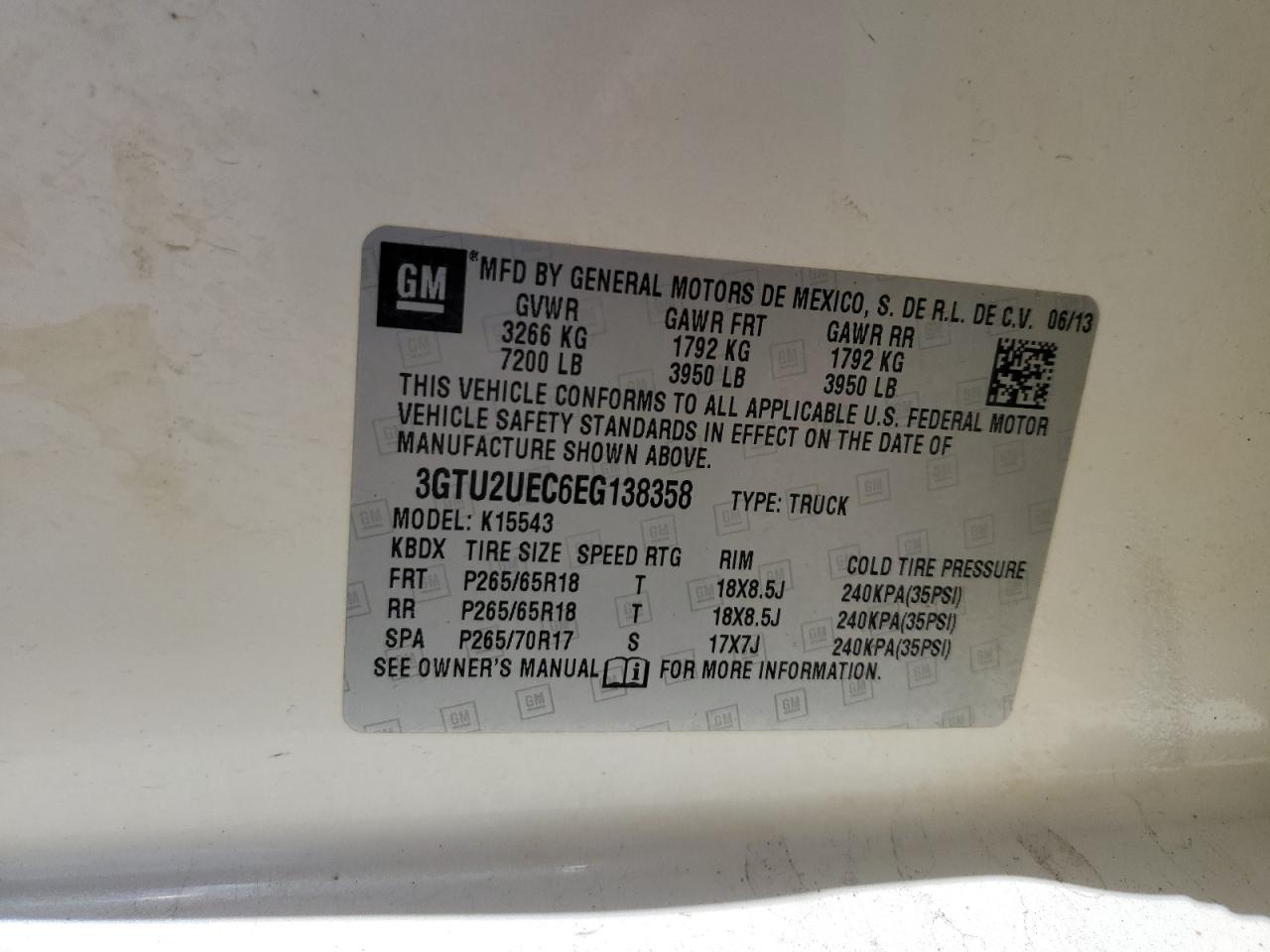 2014 GMC Sierra K1500 Sle VIN: 3GTU2UEC6EG138358 Lot: 64686545