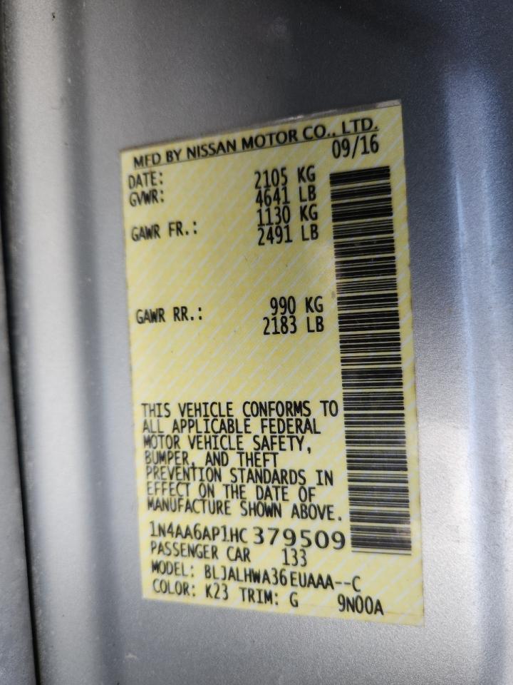 2017 Nissan Maxima 3.5S VIN: 1N4AA6AP1HC379509 Lot: 63860905